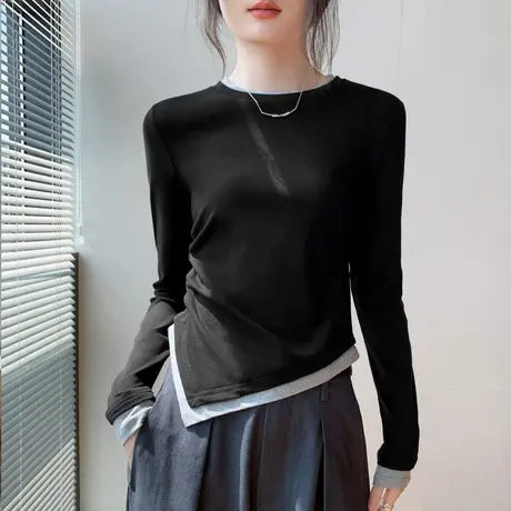假两件圆领长袖T恤女2025秋季新款不规则斜下摆修身别致内搭上衣图片