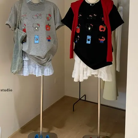 2025十三行夏季新款简约卡通猫宽松显瘦印花短袖T恤女百搭上衣潮商品大图