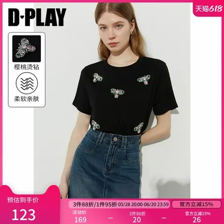 DPLAY2025年夏季新款黑色t恤女短袖气质重工立体蝴蝶镶钻法式上衣图片