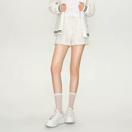 可可尼COCOON 商场同款春季优雅通勤女士抽绳重工蕾丝珠片A型短裤商品大图
