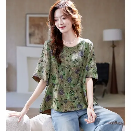 宝诗黎【新品价298元】圆领提花七分袖上衣AZL4020图片