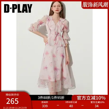 DPLAY夏氛围感粉调晕染花卉立体荷叶边葫芦袖度假风仙女裙商品大图