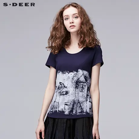 s.deer【商场同款】圣迪奥女夏趣味童真印花圆领短袖T恤S17280136图片