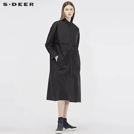 sdeer圣迪奥女装休闲简约立领拼接收腰落肩袖长款风衣S19181810图片