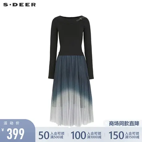 sdeer圣迪奥女装圆领网纱拼接渐变连衣裙S211Z1215图片