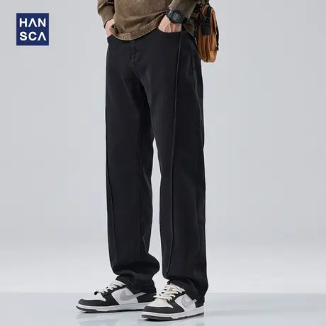 hansca黑色牛仔裤男士直筒宽松复古美式男款裤子春季男裤潮牌长裤商品大图