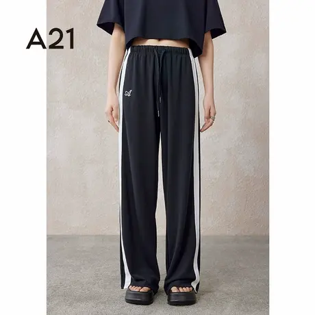 a21女装拖地垂感黑色长裤夏季休闲运动美式条纹设计感直筒裤子商品大图