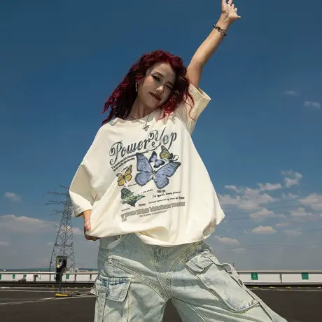 yep美式复古蝴蝶夏季纯棉短袖t恤女宽松bf设计感潮牌小众上衣爆款图片