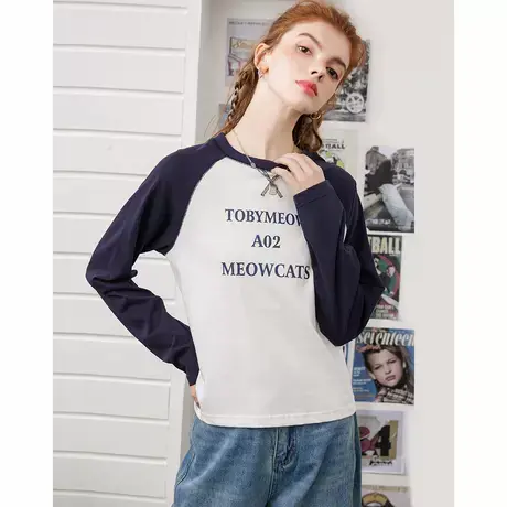 a02【100%棉】小个子撞色字母打底衫2025春季休闲女式T恤图片