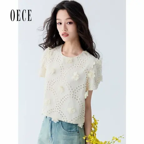 Oece法式立体花朵镂空刺绣衬衫夏季新款圆领泡泡袖短款上衣女商品大图