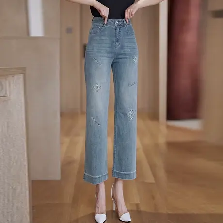 垂感薄款直筒牛仔裤女夏季新款刺绣小个子九分裤高腰显瘦阔腿裤子商品大图