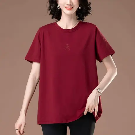 加肥加大码短袖t恤女夏季新款中年妈妈纯棉刺绣百搭休闲半袖体恤图片