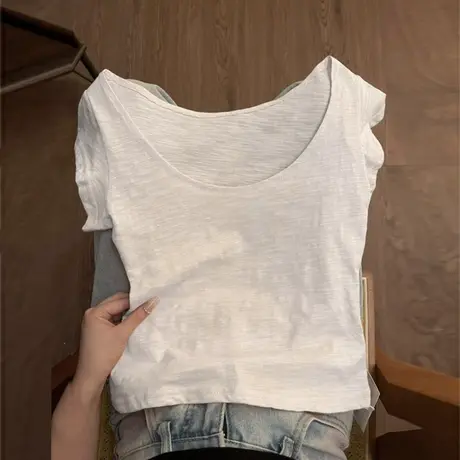 韩系chic甜辣U领正肩短袖T恤女夏季修身小个子短款韩版竹节棉上衣商品大图
