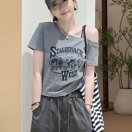 潮牌斜肩纯棉短袖t恤女2025新款爆款夏季小个子辣妹修身百搭上衣商品大图