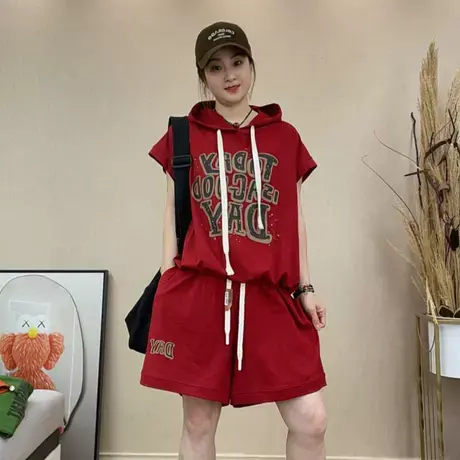 2025休闲时尚套装夏季新连帽字母印花短袖T恤短裤两件套洋气套装图片