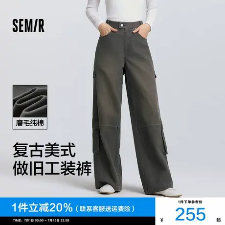 [商场同款]森马休闲裤女纯棉工装裤2025春新款美式做旧阔腿裤复古商品大图