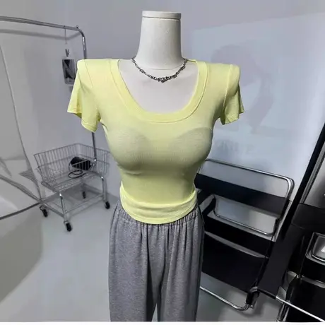 夏天的味道～ U领微透短袖T恤圆弧下摆上衣夏季新款商品大图