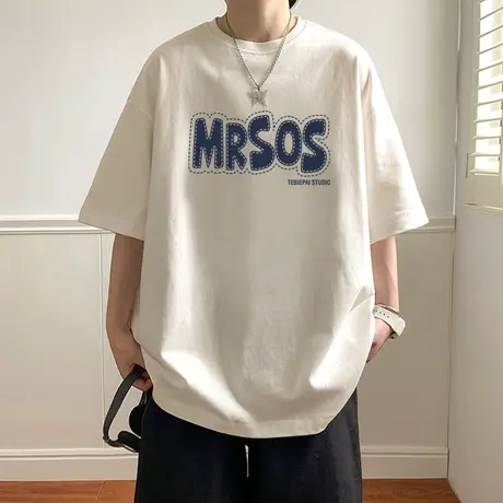 美式发泡印花短袖t恤男夏季2025新款纯棉宽松男生体恤港风潮牌ins图片