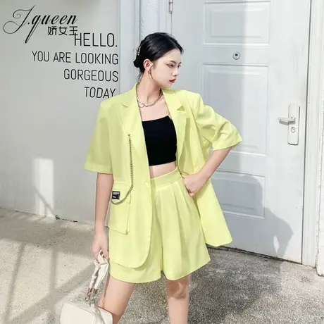 短袖西装外套女夏季薄款气质宽松显瘦炸街小西服时尚套装两件套潮商品大图