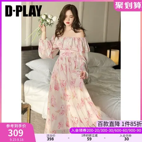 DPLAY2023夏一字肩荷叶边高腰大摆裙微醺粉蔷薇印花度假风连衣裙商品大图