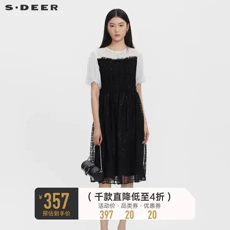 sdeer圣迪奥女装圆领雪纺撞色网纱短袖连衣裙S232Z1268商品大图