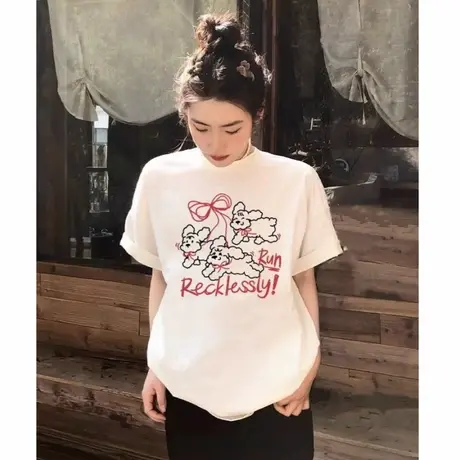 2025年新款韩系ins复古狗狗印花设计感chic纯棉白色短袖t恤女上衣商品大图