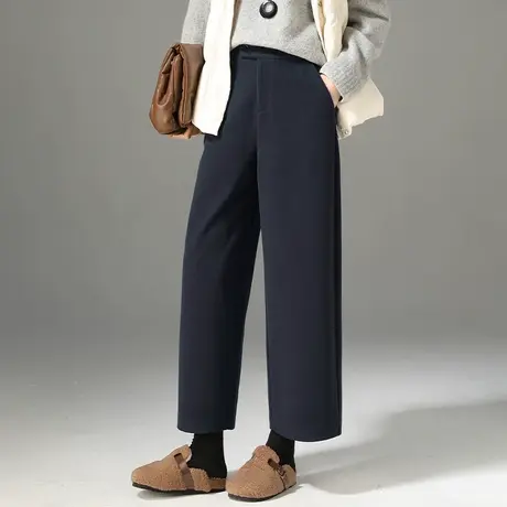 藏青色毛呢阔腿裤女2024秋冬新款直筒裤子小个子九分裤休闲镰刀裤商品大图