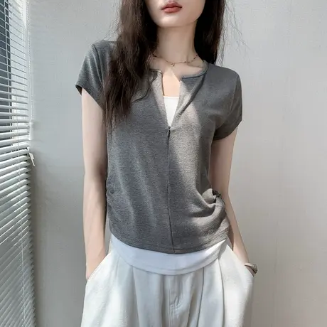 拉链半开领假两件短袖T恤女2025春夏新款修身U型下摆开衫内搭上衣图片