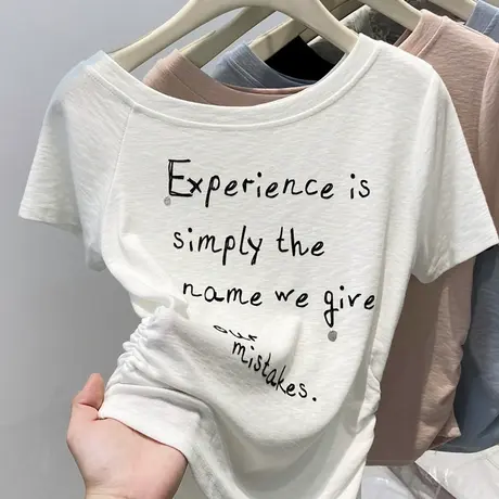 不规则斜肩字母印花白色短袖T恤女夏季新款褶皱收腰修身显瘦上衣商品大图