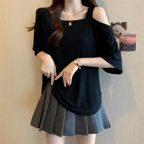 纯欲性感斜肩露肩短袖T恤女夏季宽松韩版chic甜辣别致半袖上衣潮商品大图
