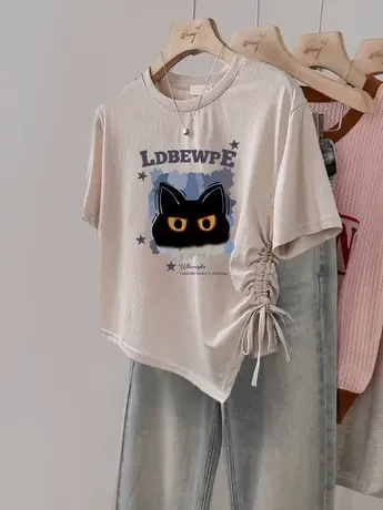 闺蜜T恤女新款不规则设计感短款短袖夏ins潮大码胖mm显瘦遮肚上衣图片