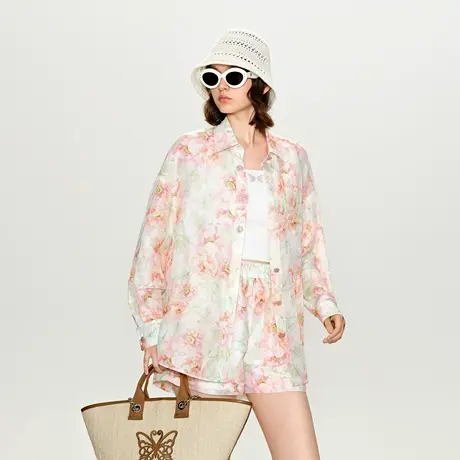 可可尼COCOON 商场同款春季宽松落肩花朵扣子朦胧清透印花衬衣女商品大图