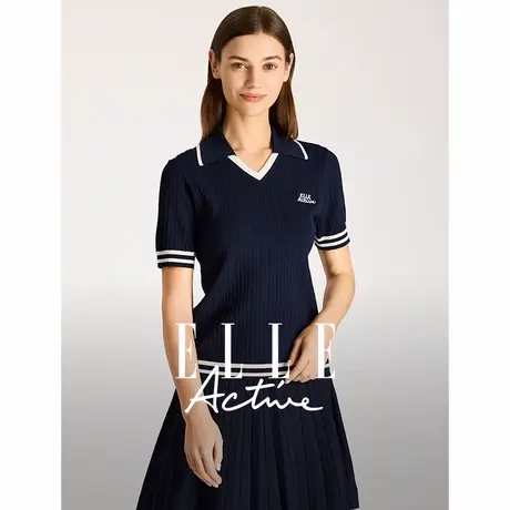 【新品试用】ELLE Active时尚翻领毛针织衫女修身显瘦V领上衣薄款图片