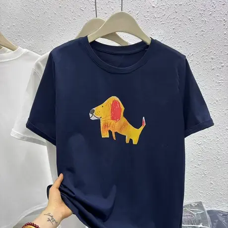 韩版卡通撞色小狗印花短袖T恤2025夏季新款女简约小众百搭上衣潮商品大图