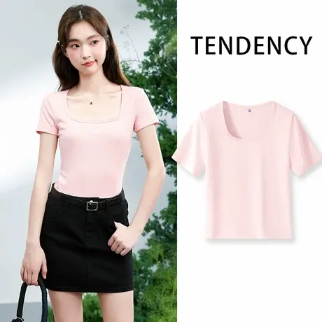 KMV真维斯粉色短袖t恤女士2025新款夏季小个子短款正肩内搭打底衫图片