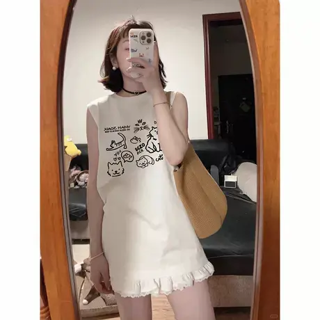 白色背心女夏季外穿2025年宽松中长彩色字母吊带坎肩无袖t恤上衣图片