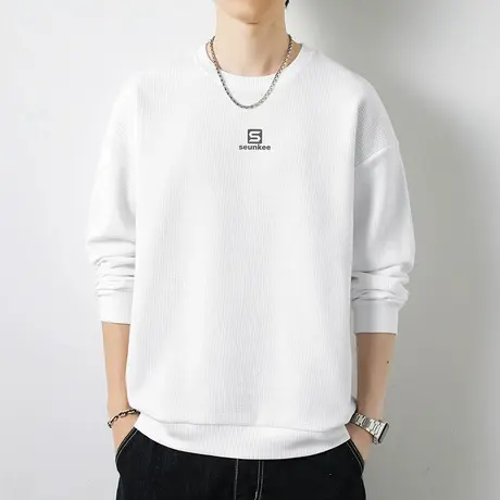 男士卫衣2025新款华夫格圆领无帽上衣服宽松潮流百搭白色长袖t恤图片