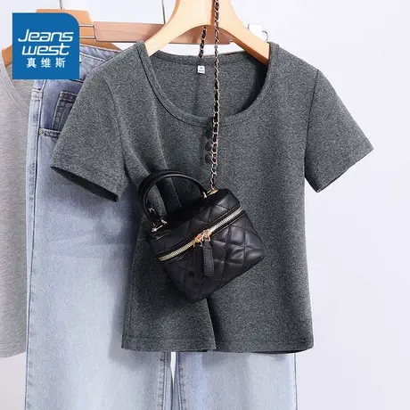 KMV真维斯u领灰色短袖t恤夏季新款正肩紧身显瘦小个子女休闲上衣图片