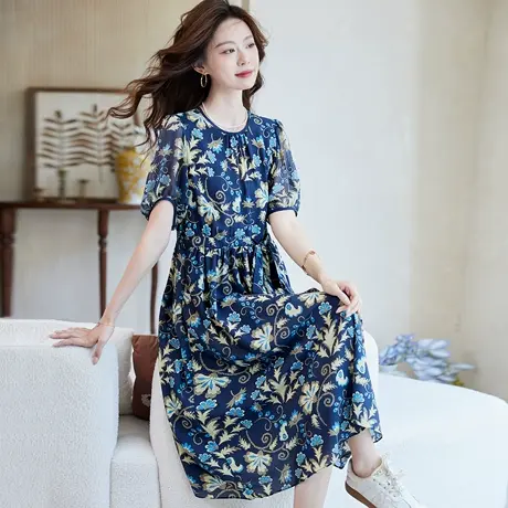 宝诗黎【新品价218元】圆领印花收腰连衣裙AES4038商品大图