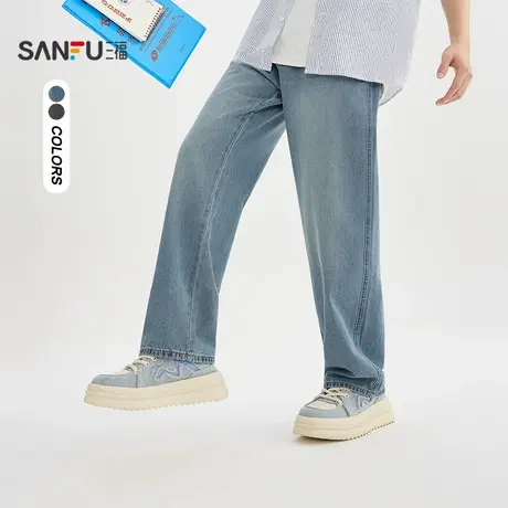 三福2025秋季男士口袋织唛直筒牛仔裤 休闲宽松直腰裤子506182商品大图