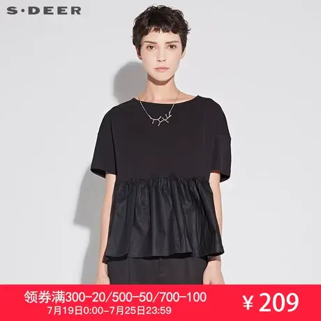 sdeer圣迪奥2019夏装时尚拼接宽松圆领落肩娃娃衫T恤女S17280197图片