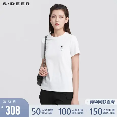 sdeer圣迪奥女装22新款圆领撞色印花基本款白色短袖T恤S222801B2图片