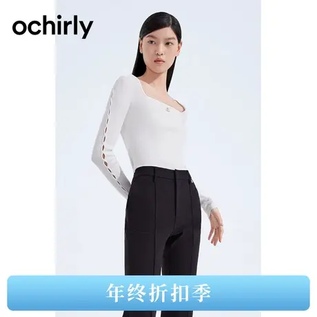 【新降】欧时力 U领法式针织衫女2023新款秋装镂空显瘦短款修身商品大图