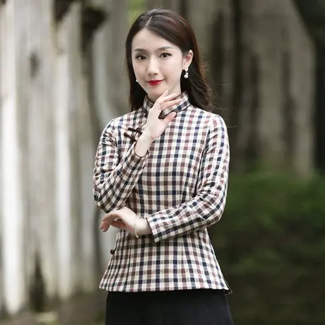 筠雅唐装女冬装 加厚中国风加棉旗袍上衣格子中式小棉袄女士齐袍商品大图