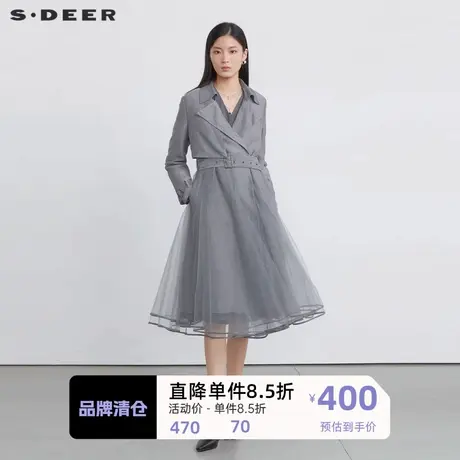 sdeer圣迪奥女装翻领收腰网纱拼接长款风衣S223Z1815图片