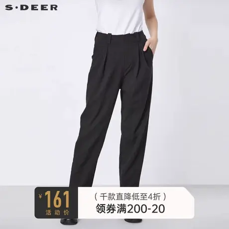 sdeer圣迪奥女装春秋装时尚压褶暗纹插袋通勤黑色长裤S21360817图片