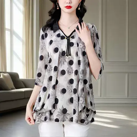 波点妈妈上衣夏季新款时尚短袖衬衫女假两件中长款胖MM遮肉小衫商品大图