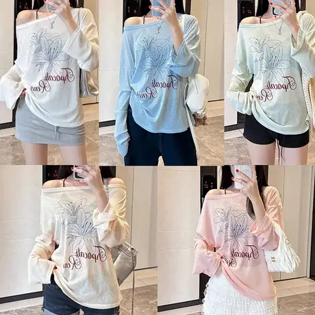 2025网纱防晒衣罩衫印花长袖t恤女夏薄款内搭一字领露肩宽松上衣图片