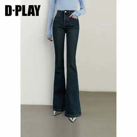 DPLAY冬季气质复古蓝色高腰微喇裤宽松加绒水洗牛仔裤长裤女商品大图