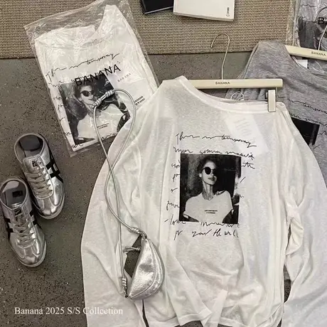 韩国东大门夏季新款美式印花宽松薄款防晒斜肩长袖T恤女露肩上衣商品大图